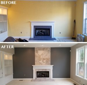 before and after a fireplace facelift done by Taylor Painting Co