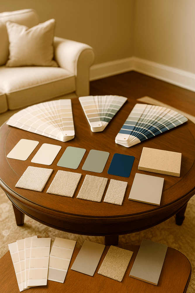 many paint and carpet swatches on a table