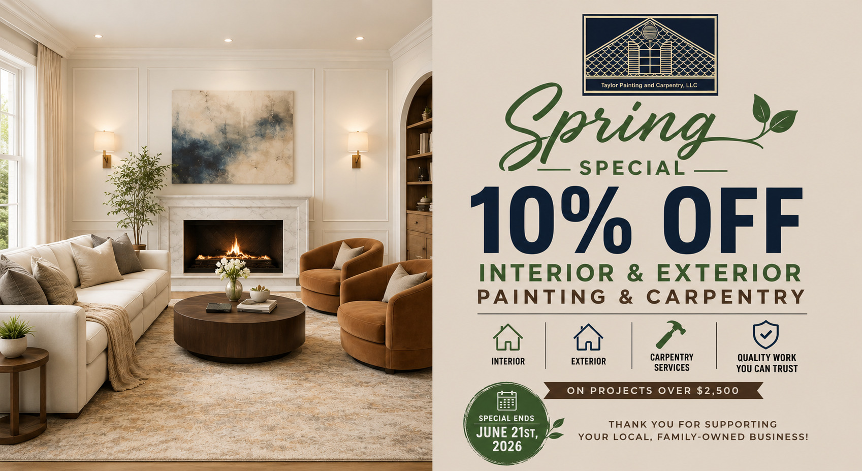 for any project above 2500 dollars save 10 percent when you schedule by june 21st